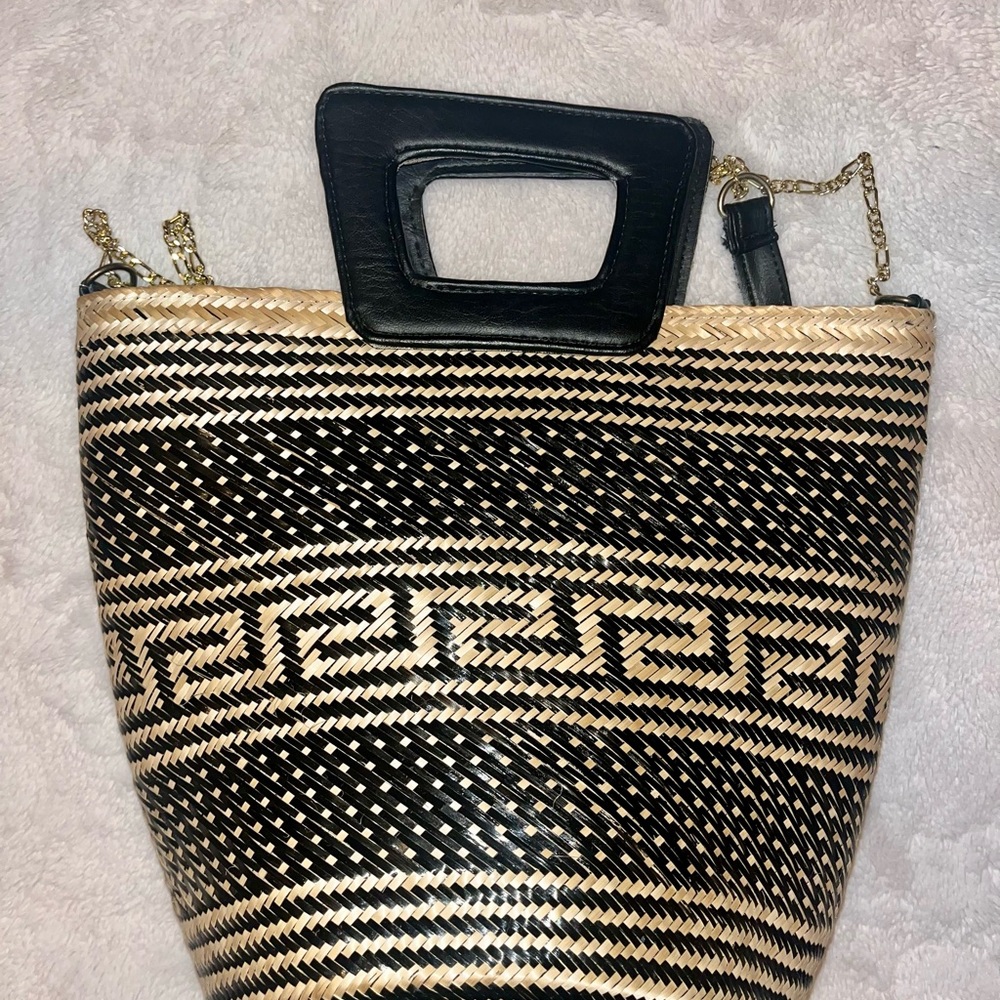 Black and Tan Greek Key Pattern Tote